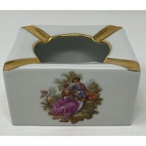 Limoges Castel France VTG Fragonard Porcelain Ashtray Courting Couple Real Gold